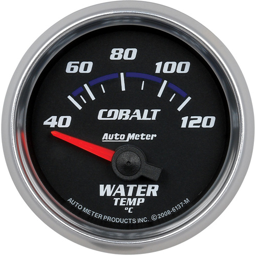 Autometer Gauge, Cobalt, Water Temperature, 2 1/16 in, 40-120 Degrees C, Electrical, Each