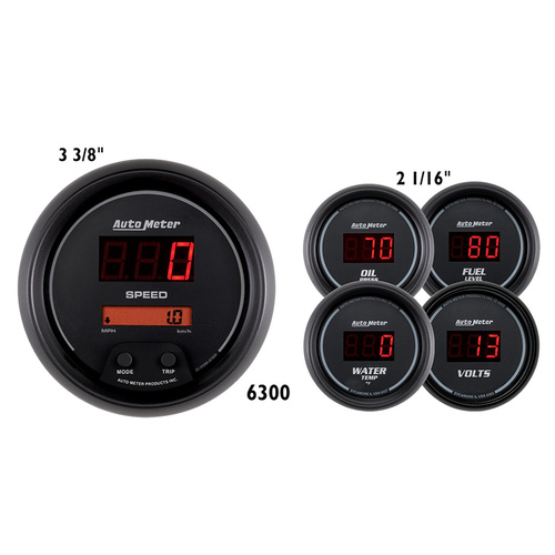 Autometer Gauge Kit, Speedometer, 3 3/8 in. & 2 1/16 in., Electrical, Digital, Black Dial w/ Red LED, Set of 5