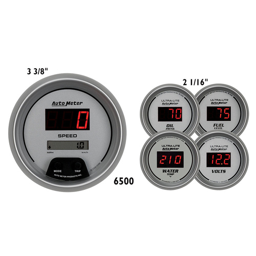 Autometer Gauge Kit, Speedometer, Ultra-Lite, 3 3/8 in. & 2 1/16 in., Electrical, Digital, Silver w/ Red LED, Digital, Set of 5