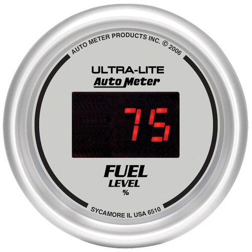 Autometer Gauge, Ultra-Lite, Ultra-Lite Fuel Level, 2 1/16 in., 0-280 Ohms Programmable., Digital, Silver Dial w/ Red LED, Digital, Each