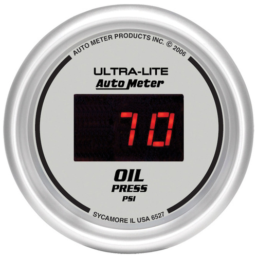 Autometer Gauge, Ultra-Lite, Ultra-Lite Oil Pressure, 2 1/16 in., 100psi, Digital, Silver Dial w/ Red LED, Digital, Each