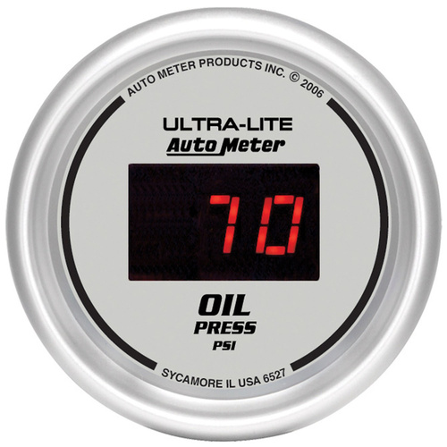 Autometer Gauge, Ultra-Lite, Ultra-Lite Oil Pressure, 2 1/16 in., 100psi, Digital, Silver Dial w/ Red LED, Digital, Each