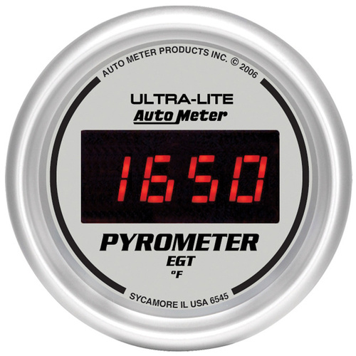 Autometer Gauge, Ultra-Lite, Ultra-Lite Pyrometer (EGT), 2 1/16 in., 1600 Degrees F, Digital, Silver Dial w/ Red LED, Analog, Each