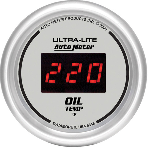 Autometer Gauge, Ultra-Lite, Ultra-Lite Oil Temperature, 2 1/16 in., 340 Degrees F, Digital, Silver Dial w/ Red LED, Digital, Each