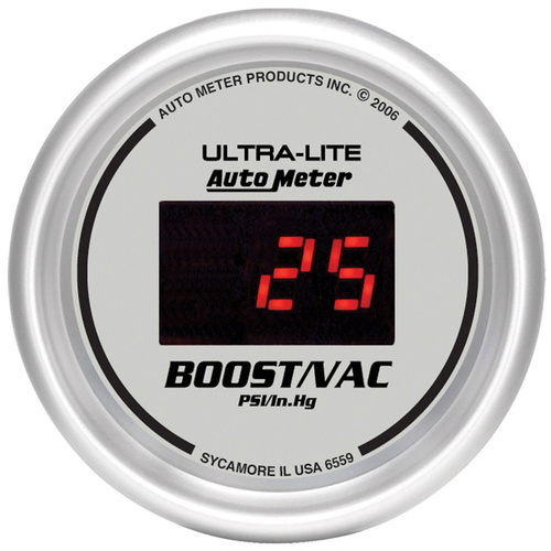 Autometer Gauge, Ultra-Lite, Ultra-Lite Vacuum/Boost, 2 1/16 in., 30 in. Hg/30psi, Digital, Silver Dial w/ Red LED, Digital, Each