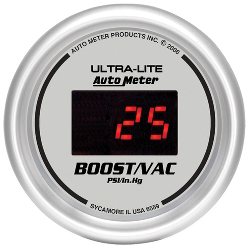 Autometer Gauge, Ultra-Lite, Ultra-Lite Vacuum/Boost, 2 1/16 in., 30 in. Hg/30psi, Digital, Silver Dial w/ Red LED, Digital, Each