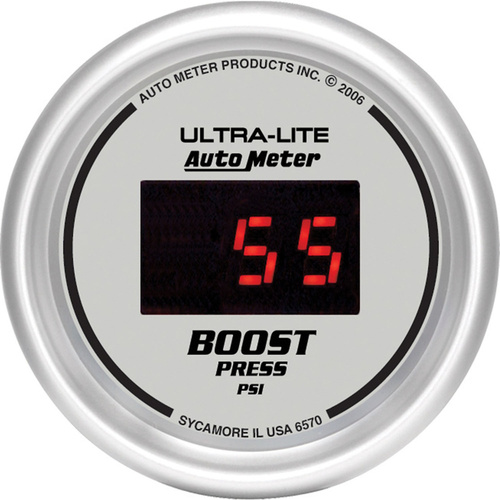 Autometer Gauge, Ultra-Lite, Ultra-Lite Boost, 2 1/16 in., 60psi, Digital, Silver Dial w/ Red LED, Digital, Each