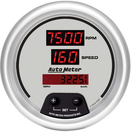 Autometer Gauge, Ultra-Lite, Ultra-Lite TACH/SPEED, 3 3/8 in., 260mph/260kmh/0-10K rpm, Electrical PRGRM, DIG, Silver w/ RD LED