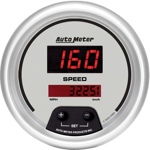 Autometer Gauge, Ultra-Lite, Ultra-Lite Speedometer, 3 3/8 in., 260mph/260km/h, Electrical Programmable, Digital, Silver w/ Red LED, Digital, Each