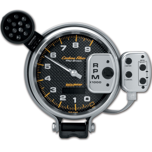 Autometer Gauge, Carbon Fiber, Tachometer, 5 in., 0-9k RPM, PRO-STOCK Pedestal w/ SUPER Lite & PK Memory, Analog, Each