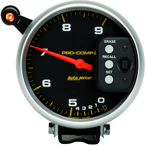 Autometer Gauge, Pro-Comp, Tachometer, 5 in., 0-9k RPM, Pedestal Dual RANGE w/ Quick Lite & Peak Memory, Analog, Each