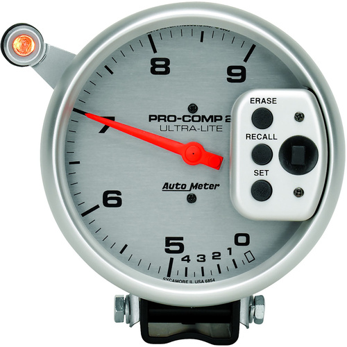 Autometer Gauge, Ultra-Lite, Tachometer, 5 in., 0-9k RPM, Pedestal w/ Quick Lite, Dual RANGE W/Peak Memory, Analog, Each