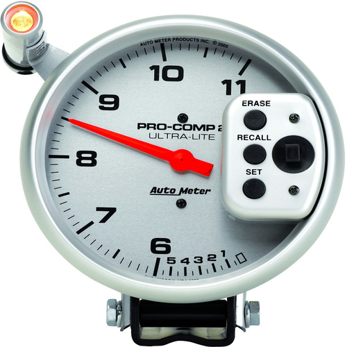 Autometer Gauge, Ultra-Lite, Tachometer, 5 in., 0-11k RPM, Pedestal w/ Quick Lite, Dual RANGE W/Peak Memory, Analog, Each