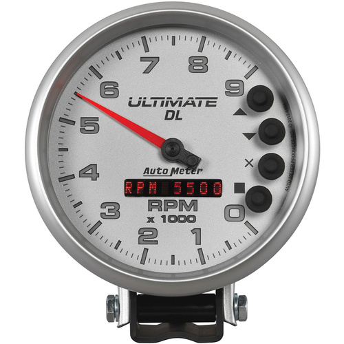 Autometer Gauge, Ultimate DL, Tachometer, 5 in., 0-9k RPM, Pedestal, Datalogging, Silver, Analog, Each