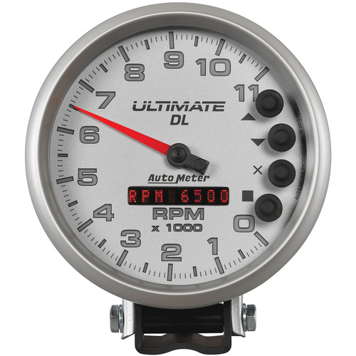 Autometer Gauge, Ultimate DL, Tachometer, 5 in., 0-11k RPM, Pedestal, Datalogging, Silver, Analog, Each