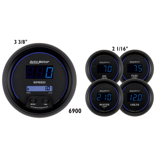 Autometer Gauge Kit, Speedometer, 3 3/8 in. & 2 1/16 in., Electrical, Digital, Black w/ Blue LED, Digital, Set of 5