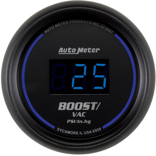 Autometer Gauge, Vacuum/Boost, 2 1/16 in., 30 in. Hg/30psi, Digital, Black Dial w/ Blue LED, Digital, Each