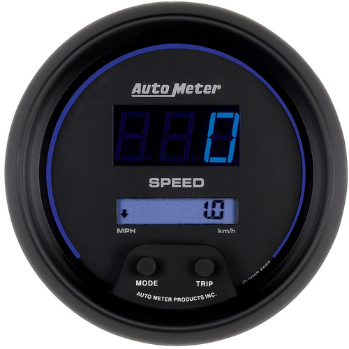 Autometer Gauge, Speedometer, 3 3/8 in., 260mph/260km/h, Electrical Programmable, Digital, Black w/ BLU LED, Each