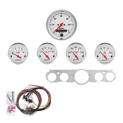 Autometer Instrument Cluster, White, Analog, Speedometer, Oil Pressure, Water Temp, Fuel Level, Voltmeter, White Face, Polished Panel, Ford, Kit