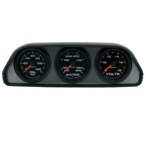 Autometer Gauge Kit, Dash Pod Mount, Oilp/Wtmp/Volt, 2-1/16", 100Psi/300ºf/18V, Blk Dial, Blk Bzl, E