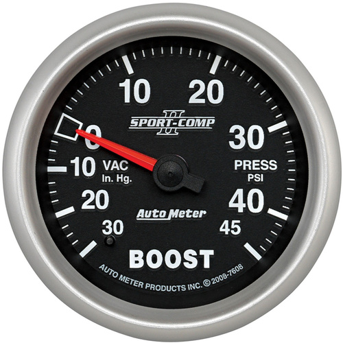 Autometer Gauge, Sport-Comp II, Vacuum/Boost, 2 5/8 in., 30 in. Hg/45psi, Mechanical, Analog, Each