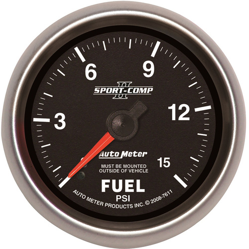 Autometer Gauge, Sport-Comp II, Fuel Pressure, 2 5/8 in., 15psi, Mechanical, Analog, Each