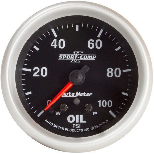 Autometer Gauge, Sport-Comp II, Oil Pressure, 2 5/8 in., 100psi, Stepper Motor w/ Peak & Warn, Analog, Each