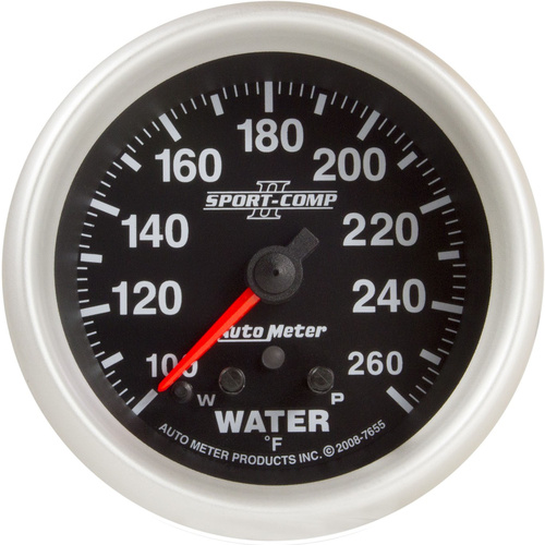 Autometer Gauge, Sport-Comp II, Water Temperature, 2 5/8 in., 260 Degrees F, Stepper Motor w/ Peak & Warn, Analog, Each