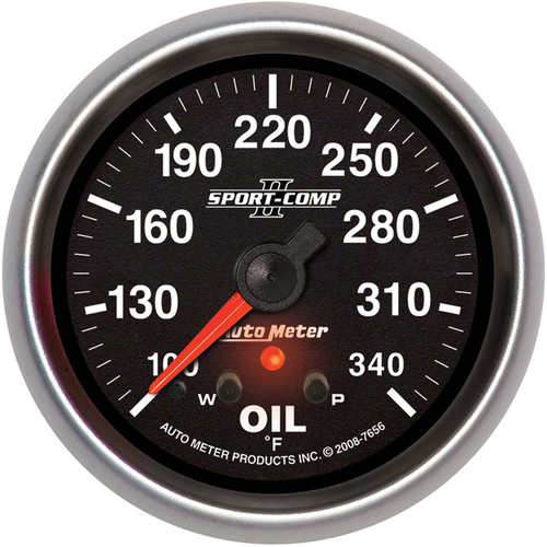 Autometer Gauge, Sport-Comp II, Oil Temperature, 2 5/8 in., 340 Degrees F, Stepper Motor w/ Peak & Warn, Each