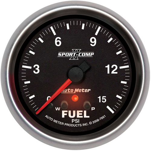 Autometer Gauge, Sport-Comp II, Fuel Pressure, 2 5/8 in., 15psi, Stepper Motor w/ Peak & Warn, Analog, Each