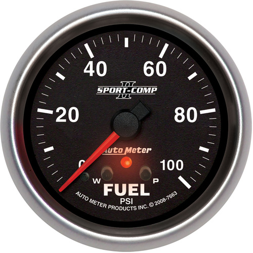 Autometer Gauge, Sport-Comp II, Fuel Pressure, 2 5/8 in., 100psi, Stepper Motor w/ Peak & Warn, Analog, Each
