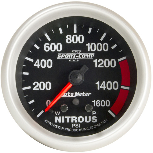 Autometer Gauge, Sport-Comp II, Nitrous Pressure, 2 5/8 in., 1600psi, Stepper Motor w/ Peak & Warn, Each