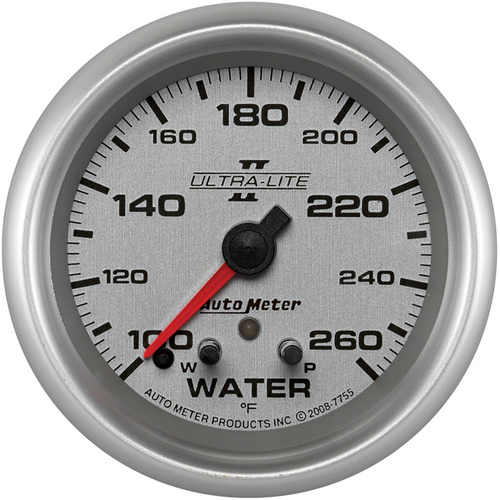 Autometer Gauge, Ultra-Lite II, Water Temperature, 2 5/8 in., 260 Degrees F, Stepper Motor w/ Peak & Warn, Analog, Each