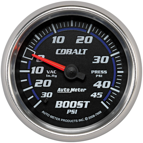 Autometer Gauge, Cobalt, Vacuum/Boost, 2 5/8 in., 30 in. Hg/45psi, Mechanical, Analog, Each
