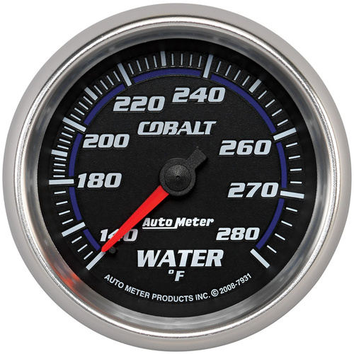 Autometer Gauge, Cobalt, Water Temperature, 2 5/8 in., 140-280 Degrees F, Mechanical, Analog, Each