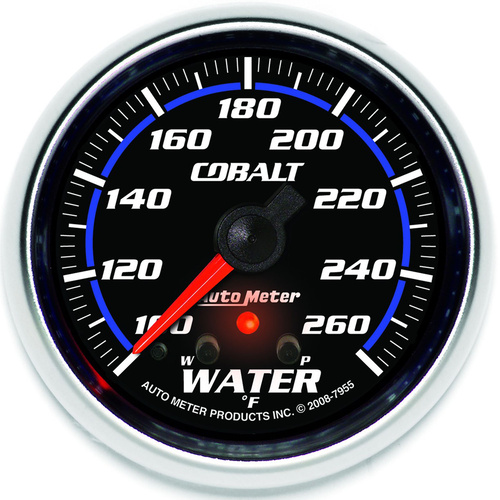 Autometer Gauge, Cobalt, Water Temperature, 2 5/8 in., 260 Degrees F, Stepper Motor w/ Peak & Warn, Analog, Each