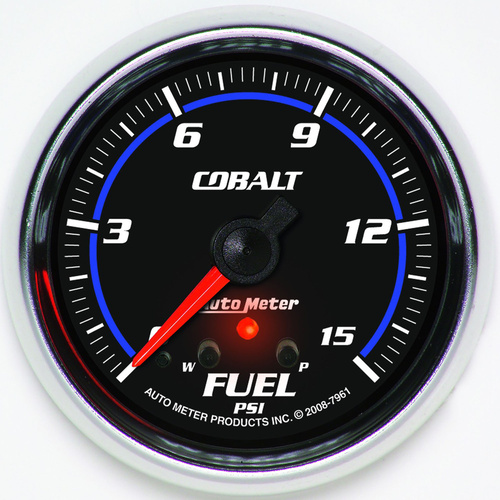 Autometer Gauge, Cobalt, Fuel Pressure, 2 5/8 in., 15psi, Stepper Motor w/ Peak & Warn, Analog, Each