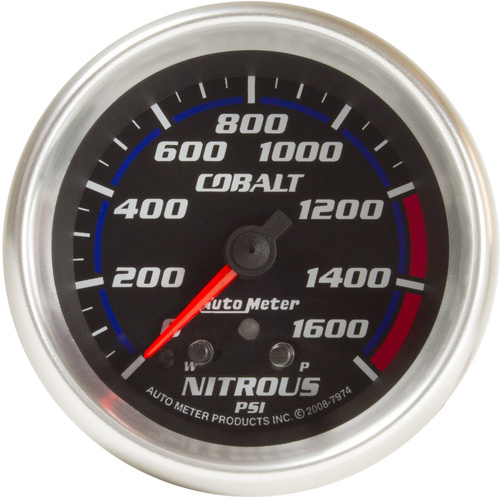 Autometer Gauge, Cobalt, Nitrous Pressure, 2 5/8 in., 1600psi, Stepper Motor w/ Peak & Warn, Analog, Each