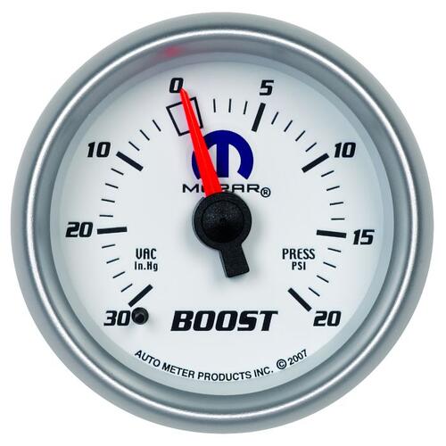 Autometer Gauge, Vac/Boost, 2 1/16", 30Inhg-20Psi, Mechanical, White, Mopar, Mopar