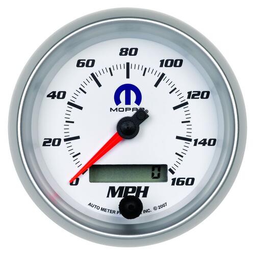 Autometer Gauge, Speedometer, 3 3/8", 160Mph, Elec. Programmable, White, Mopar, Mopar
