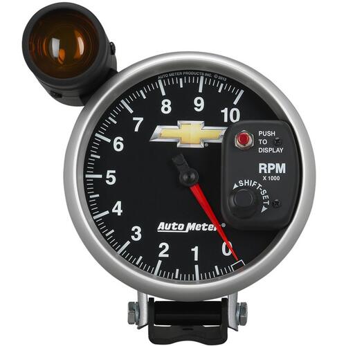 Autometer Gauge, Tach, 5", 10K Rpm, Pedestal W/ Ext. Shift-Lite, Chevy Gold Bowtie, Chevy Gold Bowti