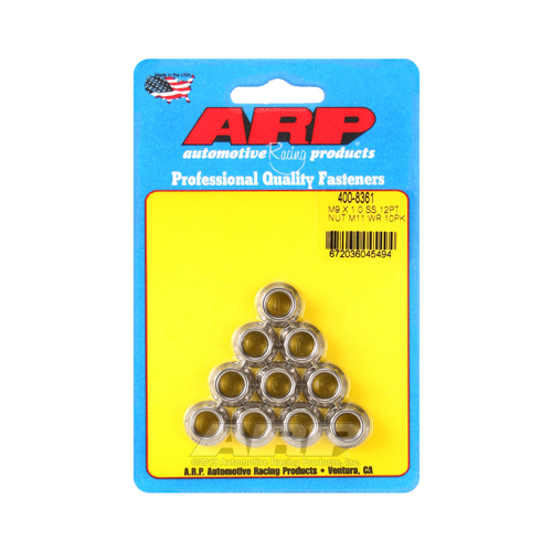 ARP Nut, 12-point, ARP Stainless Steel, Polished, 9mm x 1 Thread, 180000psi, Set of 10