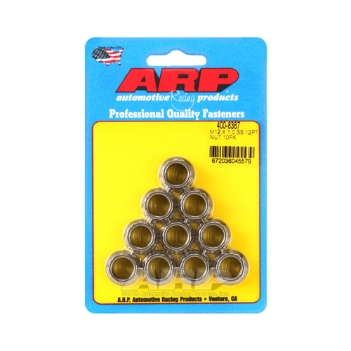 ARP Nut, 12-point, ARP Stainless Steel, Polished, 12mm x 1 Thread, 180000psi, Set of 10
