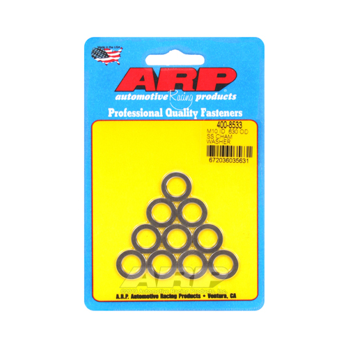 ARP Washer, Hardened, High Performance, Chamfer, Flat, 10mm ID, 16mm OD, 1.9mm Thick, Stainless Steel, Polished, Set of 10