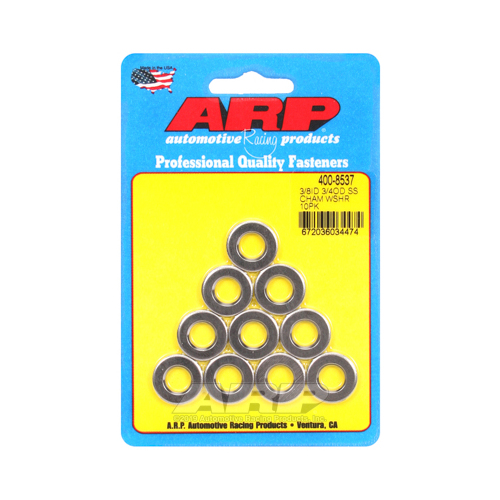 ARP Washer, Hardened, High Performance, Chamfer, Flat, 3/8 in. ID, 0.750 in. OD, Stainless Steel, Polished, 0.12 in. Thick, Set of 10