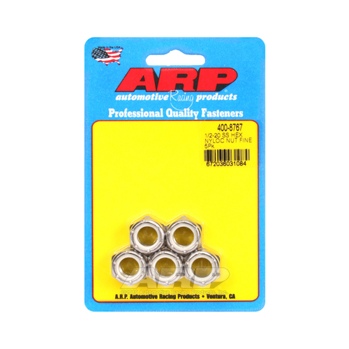 ARP Nut, Hex Head, Stainless Nyloc, Polished, 1/2 in.-20 Fine Thread, Set of 5