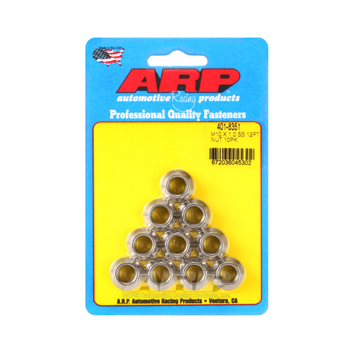 ARP Nut, 12-point, ARP Stainless Steel, Polished, 10mm x 1 Thread, 180000psi, Set of 10