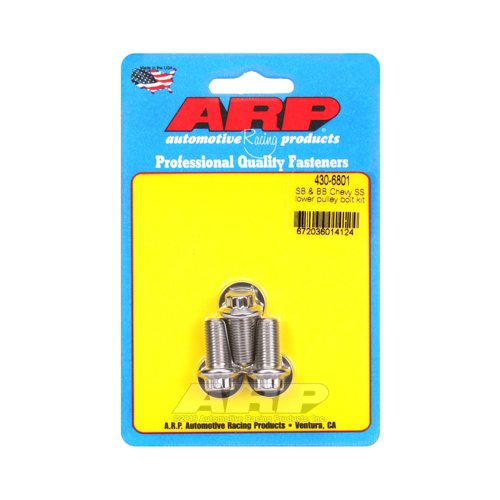 ARP Lower Pulley Bolts, 12-point Head, Stainless Steel, 3/8 in.-24 Dia., 0.75 UHL, For Chevrolet, Small/Big Block, 3-piece, Kit