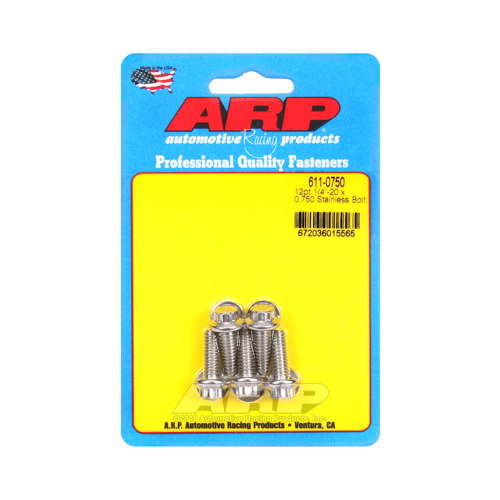 ARP Bolts, 12-Point Head, Stainless 300, Polished, 1/4 in.-20 RH Thread, 0.750 in. UHL, Set of 5