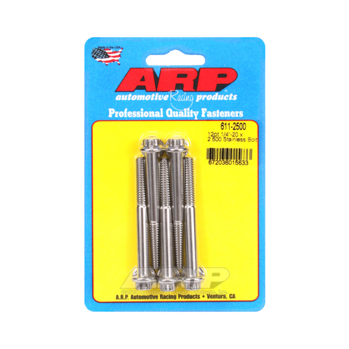 ARP Bolts, 12-Point Head, Stainless 300, Polished, 1/4 in.-20 RH Thread, 2.500 in. UHL, Set of 5